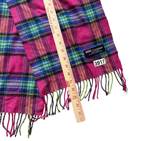 Women's Hand Tailored German Cashmere Plaid Scarf Pink Green Fringe Hem - Picture 3 of 4